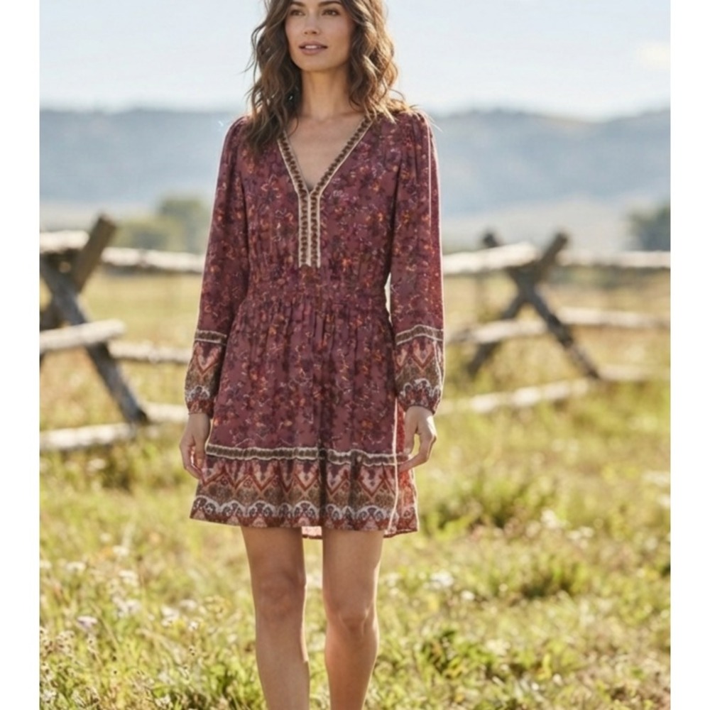 Lucky Brand Dress Womens Sz Large Rosewood Floral Boho Western Cottage Prairie